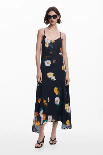 Desigual Floral Chiffon Strap Dress In Black