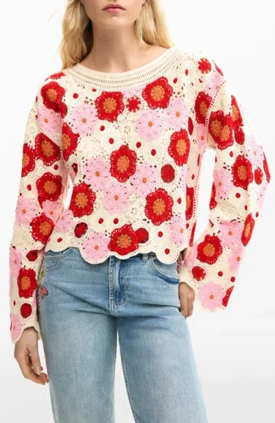 Desigual Floral Cotton Blend Crochet Sweater In White