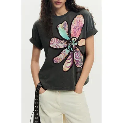 Desigual Floral Cotton Graphic T-shirt In Black