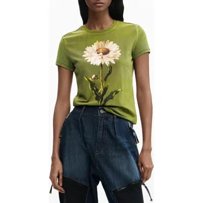 Desigual Floral Cotton Graphic T-shirt In Green