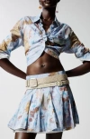 Desigual Floral Cotton Rib Knit Crop Button-up Shirt In Blue