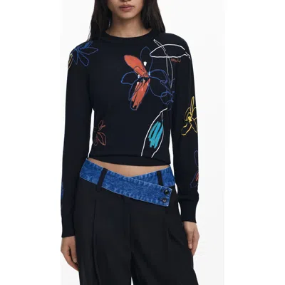 Desigual Floral Crewneck Sweater In Black