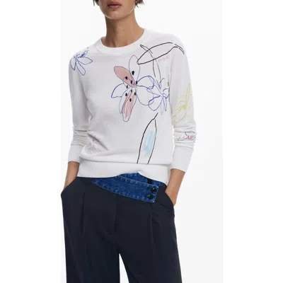 Desigual Floral Crewneck Sweater In White