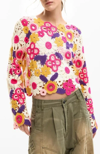 Desigual Floral Crop Cotton Blend Crochet Sweater In Multi