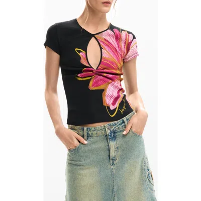 Desigual Floral Cutout Cotton Graphic T-shirt In Black