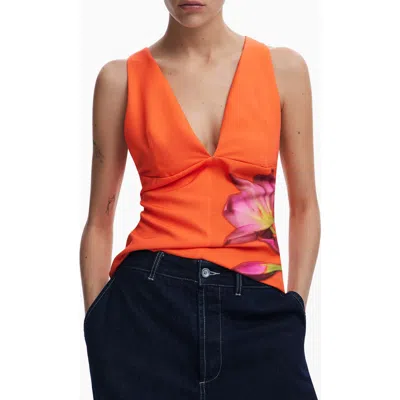Desigual Floral Deep V-neck Tank In Orange