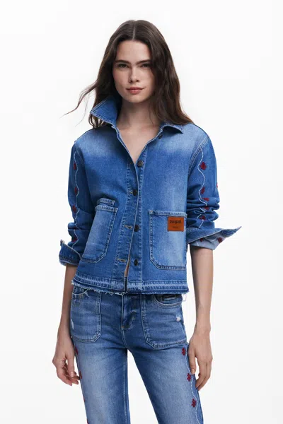 Desigual Floral Denim Jacket In Blue