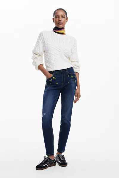 Desigual Floral Denim Trousers In Blue