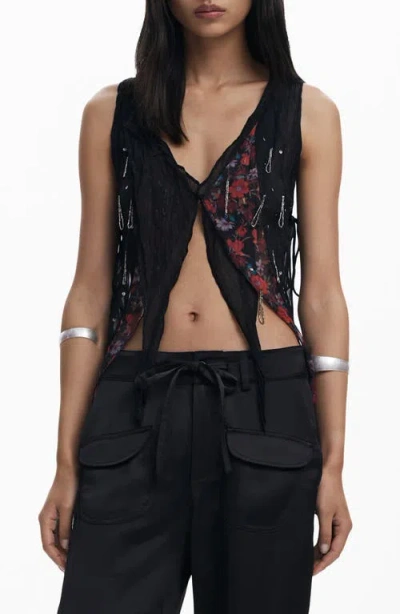 Desigual Floral Embellished Asymmetric Sleeveless Top