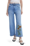 Desigual Floral Embroidered Belted Crop Wide Leg Jeans In Blue