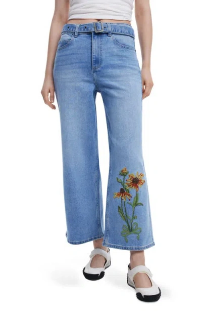Desigual Floral Embroidered Belted Crop Wide Leg Jeans In Medium Blue