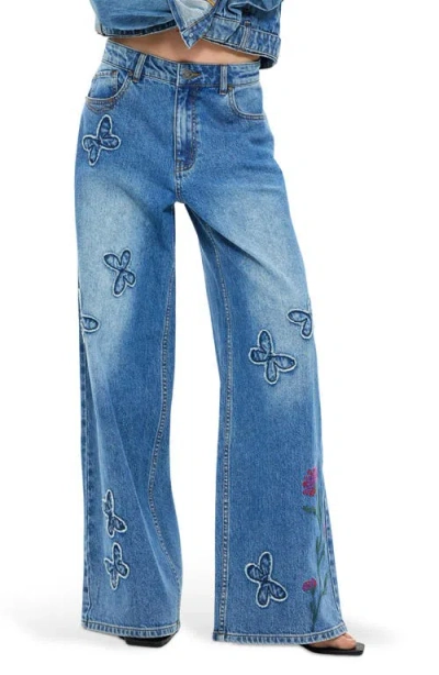 Desigual Floral Embroidered Butterfly Appliqué Wide Leg Jeans In Blue