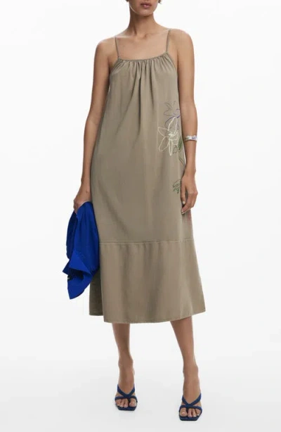 Desigual Floral Embroidered Cotton Midi Dress In Gray