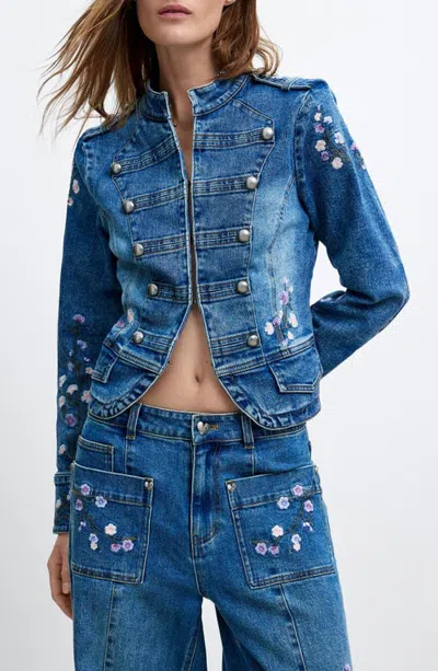 Desigual Floral Embroidered Denim Military Jacket In Blue