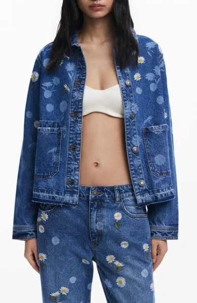 Desigual Floral Embroidered Denim Trucker Jacket In Blue