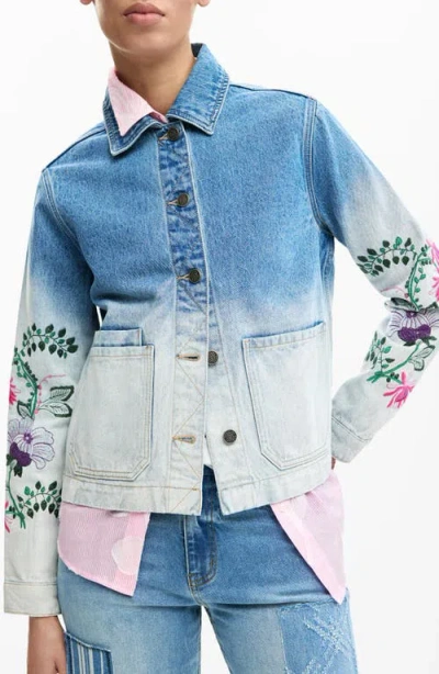 Desigual Floral Embroidered Denim Trucker Jacket In Blue