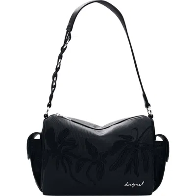 Desigual Floral Embroidered Faux Leather Shoulder Bag In Black
