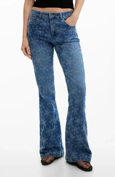 Desigual Floral Embroidered Flare Jeans In Blue