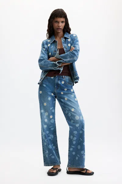 Desigual Floral Embroidered Jeans In Blue
