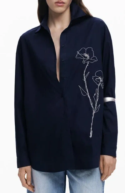 Desigual Floral Embroidered Oversize Cotton Graphic Button-up Shirt In Navy Blue