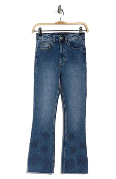 Desigual Floral Embroidered Raw Hem Crop Flare Leg Jeans In Blue