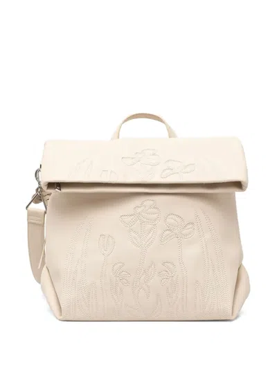 Desigual Floral-embroidered Roll-top Backpack In Neutral