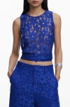 Desigual Floral Embroidered Sheer Top In Klein Blue
