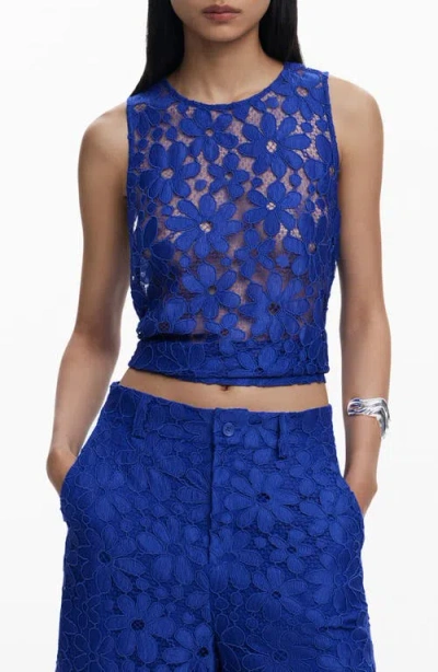 Desigual Floral Embroidered Sheer Top In Blue