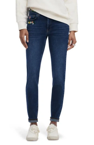 Desigual Floral Embroidered Slim Leg Jeans In Blue