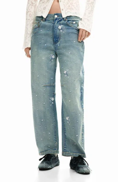 Desigual Floral Embroidery Barrel Leg Jeans In Multi