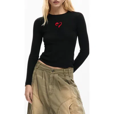 Desigual Floral Embroidery Long Sleeve T-shirt In Black