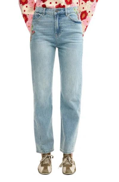 Desigual Floral Embroidery Slim Fit Jeans In Blue