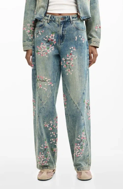 Desigual Floral Embroidery Straight Leg Jeans In Blue