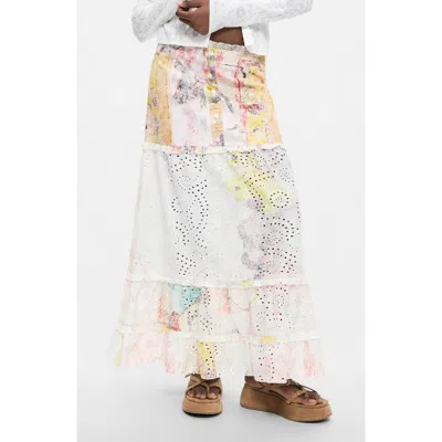 Desigual Floral Eyelet Embroidered Tiered Midi Skirt In White
