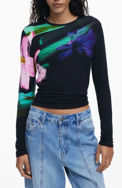 Desigual Floral Fine Gauge Crewneck Sweater In Black