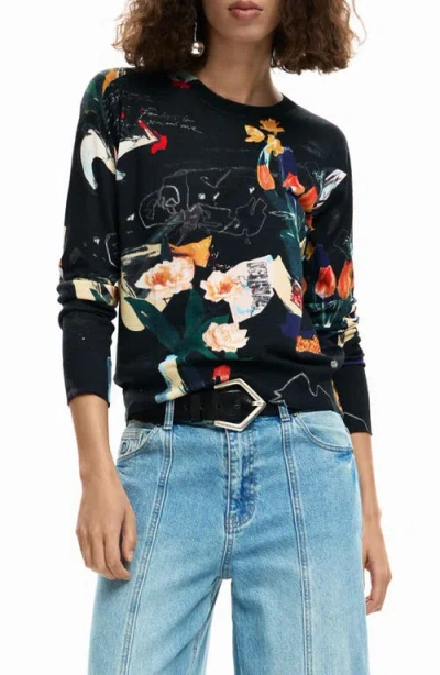 Desigual Floral Fine Gauge Crewneck Sweater In Black