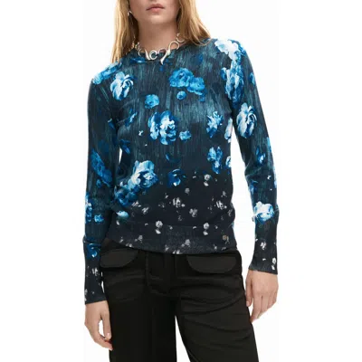 Desigual Floral Fine Gauge Crewneck Sweater In Multi