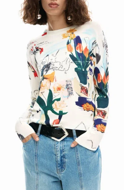 Desigual Floral Fine Gauge Crewneck Sweater In Multi