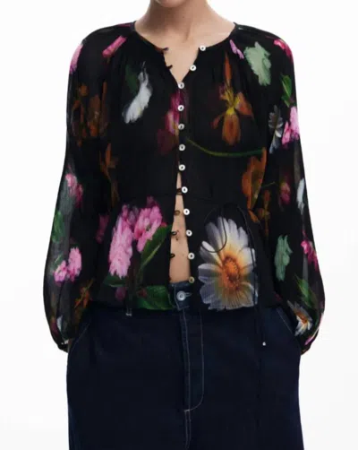 Desigual Floral Flowly Button Blouse In Black W/flowers