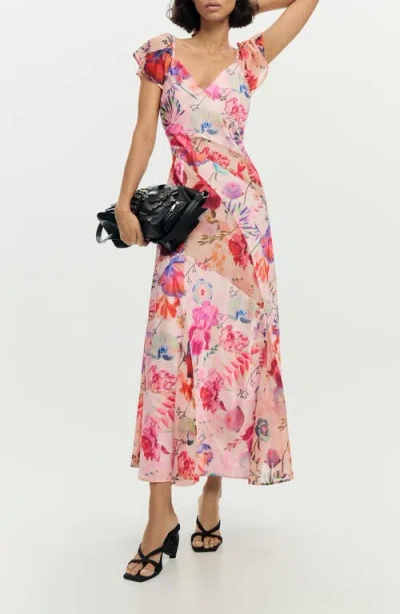 Desigual Floral Flutter Sleeve Chiffon Dress In Multi