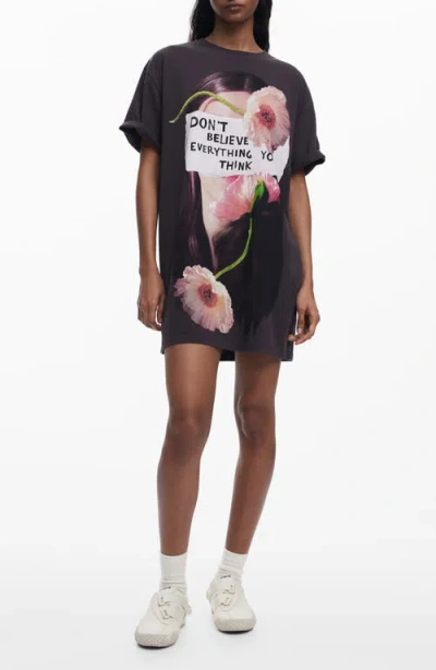 Desigual Floral Graphic T-shirt Minidress In Anthracite Gray