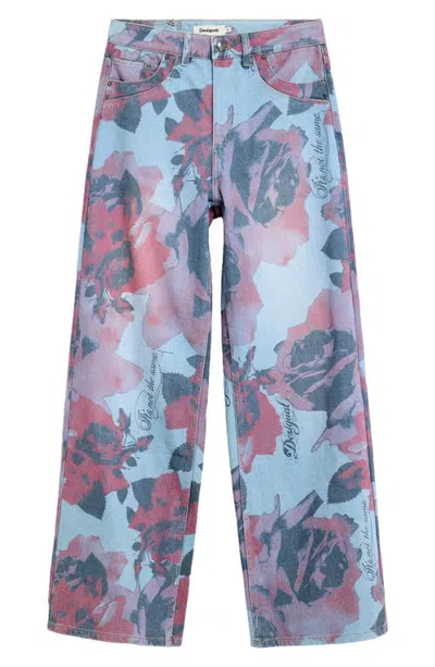 Desigual Floral High Waist Straight Leg Jeans In Light Blue