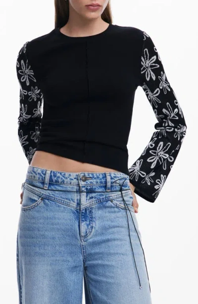 Desigual Floral Jacquard Bell Sleeve Top In Black