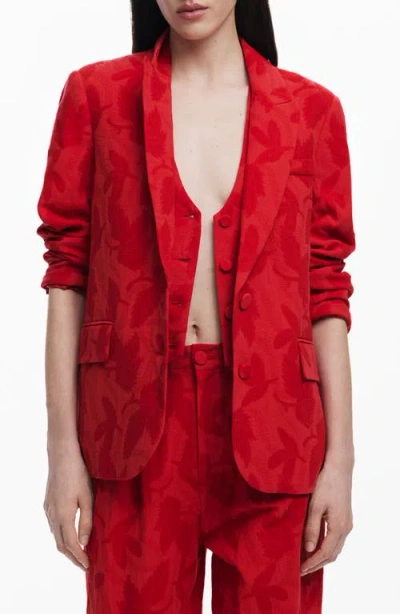 Desigual Floral Jacquard Shawl Collar Blazer In Bright Red