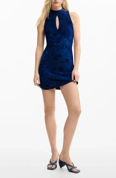 Desigual Floral Keyhole Neck Minidress In Blue