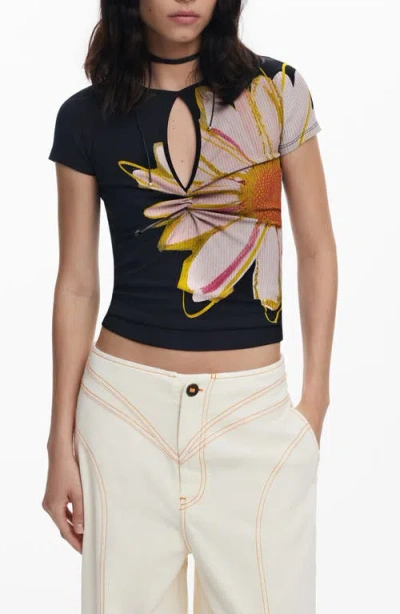 Desigual Floral Keyhole Rib T-shirt In Black