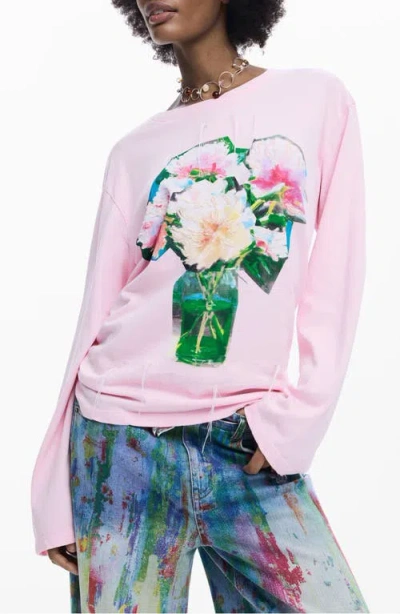 Desigual Floral Long Sleeve Cotton Graphic T-shirt In Pink