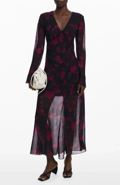Desigual Floral Long Sleeve Mesh Maxi Dress In Black