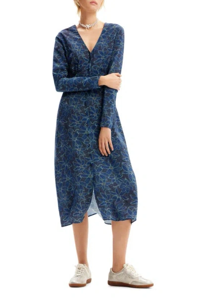 Desigual Floral Midi Shirt Dress In Blue