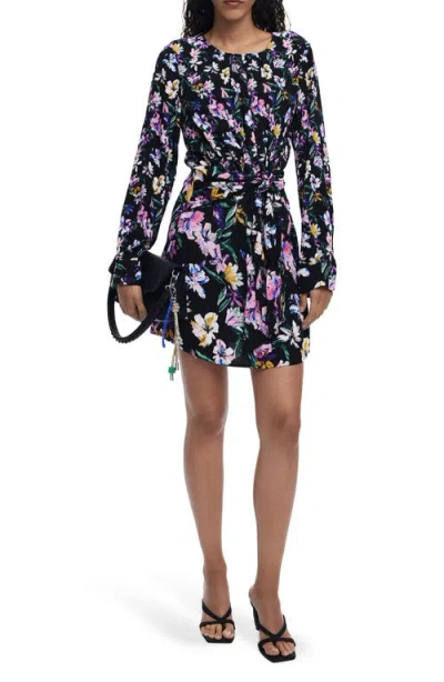Desigual Floral Long Sleeve Minidress In Black